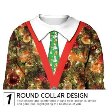 Eciodci Men's Christmas Sweatshirt 3D Christmas Tree Printed Novelty Xmas Lights Long Sleeve Shirts Pullover Sweatshirts Red/White