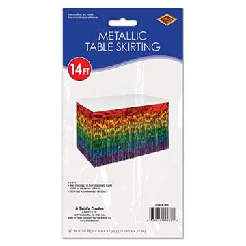 Beistle 1-Ply Metallic Table Skirting, Rainbow Multicolor Table Decor for Pride Celebrations, LGBTQ Tableware for Parties & Gatherings, 30" x 14'