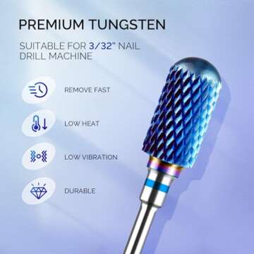 MelodySusie Nail Drill Bits 7pcs, Tungsten Carbide Drill Bits for Acrylic Gel Nail Polish Hard Gel Nail Remove, 3/32'' Nail Bits Set for Nail Drill Efile, Manicure Pedicure Salon Nail Tools, Blue