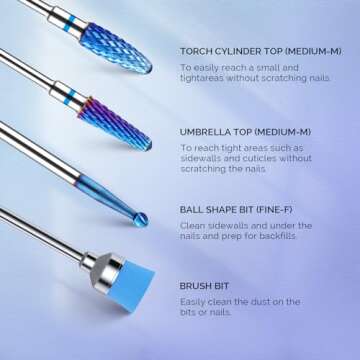 MelodySusie Nail Drill Bits 7pcs, Tungsten Carbide Drill Bits for Acrylic Gel Nail Polish Hard Gel Nail Remove, 3/32'' Nail Bits Set for Nail Drill Efile, Manicure Pedicure Salon Nail Tools, Blue