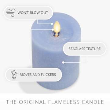 Luminara Cornflower Seaglass Flameless Candle Moving Flame Pillar, Unscented Real Wax with Recessed Edge, Timer, Battery Operated LED Candle Lights (3" x 4.5")