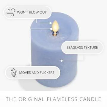 Luminara Cornflower Seaglass Flameless Candle Moving Flame Pillar, Unscented Real Wax with Recessed Edge, Timer, Battery Operated LED Candle Lights (3" x 4.5")