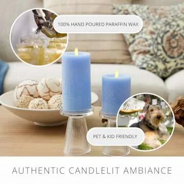 Luminara Cornflower Seaglass Flameless Candle Moving Flame Pillar, Unscented Real Wax with Recessed Edge, Timer, Battery Operated LED Candle Lights (3" x 4.5")