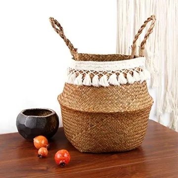 BlueMake Boho Woven Seagrass Belly Basket for Storage