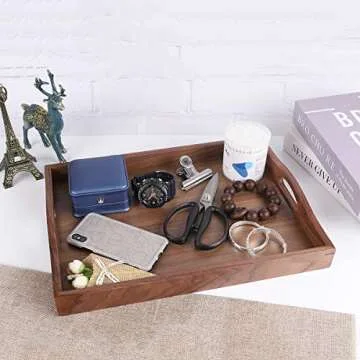 Royalling Black Walnut Serving Tray with Handle, Wooden Tray, Tea/Drink Tray, Dinner Serving Tray, Snack Tray (15.7X11.8 in)