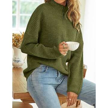 MEROKEETY Women's 2024 Long Sleeve Chunky Knit Sweaters 1/4 Zip Polo V Neck Casual Pullover Tops,ArmyGreen,S