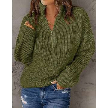 MEROKEETY Women's 2024 Long Sleeve Chunky Knit Sweaters 1/4 Zip Polo V Neck Casual Pullover Tops,ArmyGreen,S