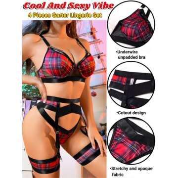 Kaei&Shi Garter Belt Thong Lingerie Set - 4 Piece Sexy Boudoir Outfit in Black Red