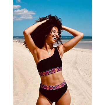 Hilinker Women's One Shoulder High Waisted 2 Piece Bikini Set High Cut Swimsuit Black Small