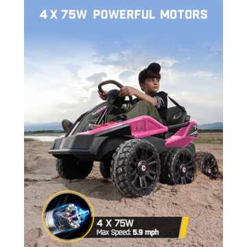 FanttikRide X7 Pro 6x6 24V Ride on Toys for Big Kids, Six Eva Wheels UTV, 4x75W 5.9MPH Powerful Electric Car, 4WD/2WD Switch, Parent Remote, Four Shock Absorbers, for Ages Three and Up, Pink