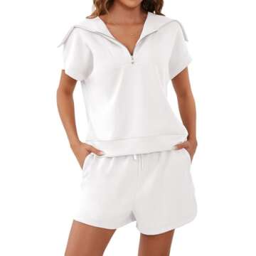 Meladyan Women's Two Piece Half Zip Lapel Sleeve Sweatshirt High Waist Drawstring Sets SweatSuit Cap Shorts TrackSuit Outfit, White, Small