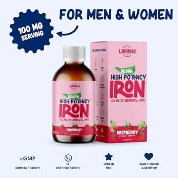 Iron Supplement Liquid Iron High Potency Iron for Women & Adults by Llorens - 100mg Polysaccharide Iron Complex Iron Supplements for Anemia and Iron Deficiency, (Raspberry, 6 oz)
