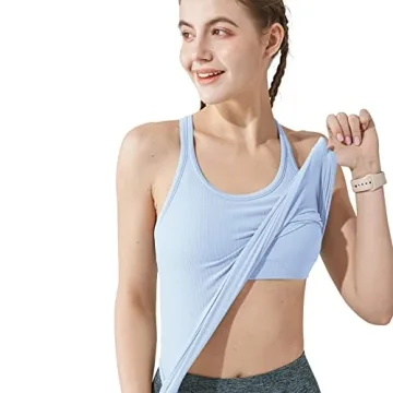 Yoga Racerback Tank Top for Women with Built-in Bra - Comfortable Fitness Top (Lt Blue, Medium)