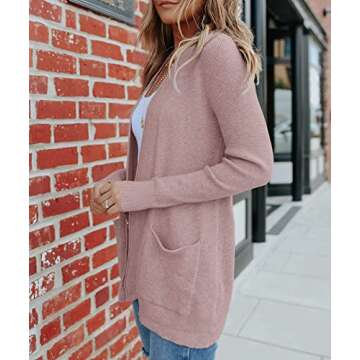 MEROKEETY Women's 2025 Fall Open Front Waffle Knit Cardigan Long Sleeve Cozy Knit Sweaters with Pockets, Dustypink, X-Large