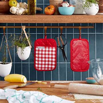 KitchenAid Gingham Pot Holder 2-Pack Set, Passion Red, 7"x10"