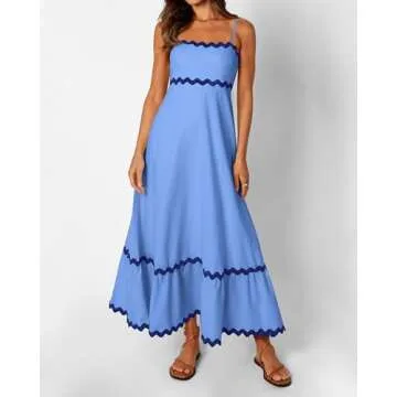 XIONGMEI Woman Summer Dresses Sexy Spaghetti Straps Square Neck Smocked Loose Fit Flowy Boho Long Backless Dress 2024(Light Blue,Small)