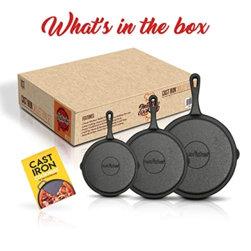 NutriChef Cast Iron Skillet Set - 3 Pre-Seasoned Pans
