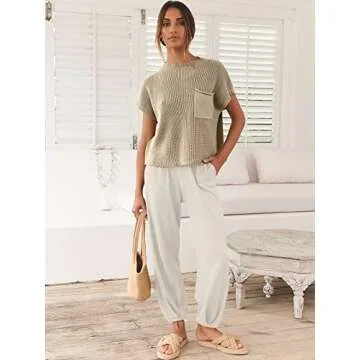 Caracilia Womens Two Piece Outfits Knit Sweater Sets Matching Lounge Set Sweatsuit Tracksuit Summer Trendy Clothes Khaki White M