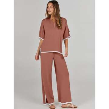 ANRABESS Two Piece Outfits for Women 2024 Fashion Short Sleeve Tops Wide Leg Pants Trendy Knit Sweat...