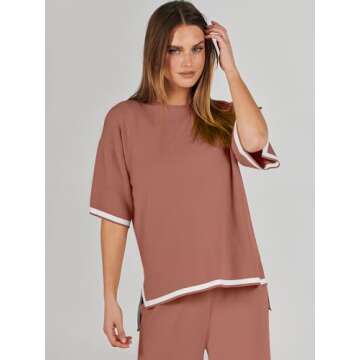 ANRABESS Two Piece Outfits for Women 2024 Fashion Short Sleeve Tops Wide Leg Pants Trendy Knit Sweater Lounge Clothes Sets Rust Small