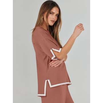 ANRABESS Two Piece Outfits for Women 2024 Fashion Short Sleeve Tops Wide Leg Pants Trendy Knit Sweater Lounge Clothes Sets Rust Small