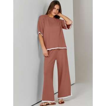 ANRABESS Two Piece Outfits for Women 2024 Fashion Short Sleeve Tops Wide Leg Pants Trendy Knit Sweater Lounge Clothes Sets Rust Small