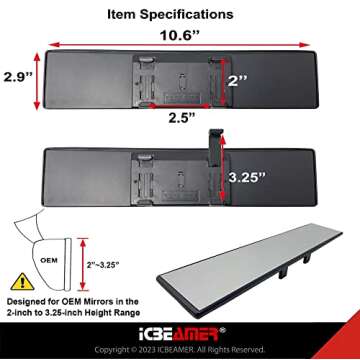 ICBEAMER 10.6 Inch Car Rearview Mirror, Panoramic Wide Angle, HD Clear Tint Glass, Interior Clip On Flat Car Mirror, Anti Glare, Automotive Accessories, Universal for Truck, Car, SUV, Pack of 1