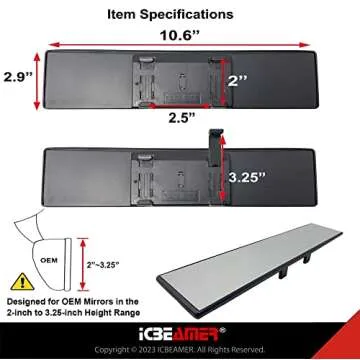 ICBEAMER 10.6 Inch Car Rearview Mirror, Panoramic Wide Angle, HD Clear Tint Glass, Interior Clip On Flat Car Mirror, Anti Glare, Automotive Accessories, Universal for Truck, Car, SUV, Pack of 1