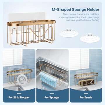 Sponge Holder,Multifunctional Sponge Holders with Two Installation Methods Kitchen Sink Organizer, Rustproof Stainless Steel Sponge Holder for Place Brush Holder,Sponge Scourer and Dish Brush