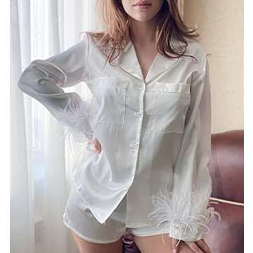 LAVASEON Womens Feather Trim Pajamas Set of 2 Button Up Long Sleeve Satin Blouse Shirt Shorts Sleepwear White