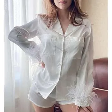 LAVASEON Womens Feather Trim Pajamas Set of 2 Button Up Long Sleeve Satin Blouse Shirt Shorts Sleepwear White