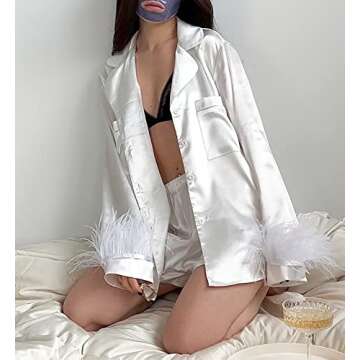 LAVASEON Womens Feather Trim Pajamas Set of 2 Button Up Long Sleeve Satin Blouse Shirt Shorts Sleepwear White