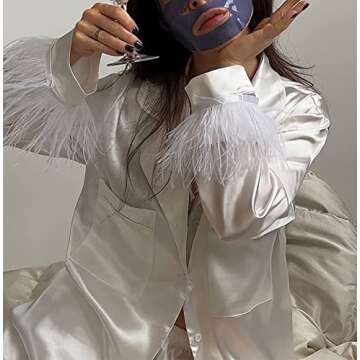 LAVASEON Womens Feather Trim Pajamas Set of 2 Button Up Long Sleeve Satin Blouse Shirt Shorts Sleepwear White