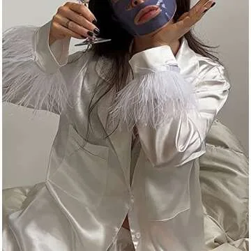 LAVASEON Womens Feather Trim Pajamas Set of 2 Button Up Long Sleeve Satin Blouse Shirt Shorts Sleepwear White