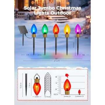 Brightown Solar Jumbo C9 Christmas Lights Outdoor - 18FT 10 LED C9 Christmas Pathway Lights with Remote, Timer,8 Modes, Solar Christmas Outdoor Decorations for Lawn Walkway Outside Holiday, Multicolor