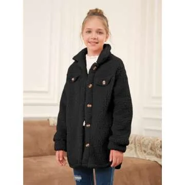 Haloumoning Girls Fuzzy Fleece Jacket Casual Button Down Sherpa Overcoat Faux Fur Jackets Outwear 4-15 Years