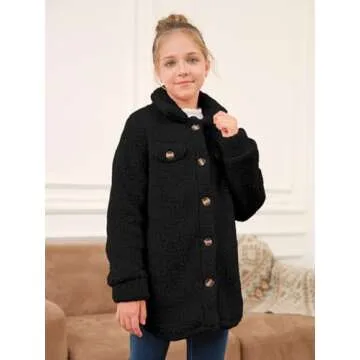 Haloumoning Girls Fuzzy Fleece Jacket Casual Button Down Sherpa Overcoat Faux Fur Jackets Outwear 4-15 Years
