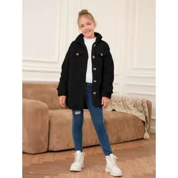 Haloumoning Girls Fuzzy Fleece Jacket Casual Button Down Sherpa Overcoat Faux Fur Jackets Outwear 4-15 Years
