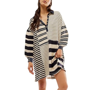 Women Sweatshirt Dress Y2k Striped Pullover Tops Colorblock Hoodie Dresses Button Oversized Sweatshi...
