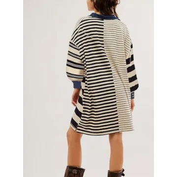 Women Sweatshirt Dress Y2k Striped Pullover Tops Colorblock Hoodie Dresses Button Oversized Sweatshirts Fall Fashion, Black, Large