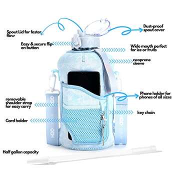 H2O Capsule 2.2L Half Gallon Water Bottle with Storage Sleeve and Removable Straw – BPA Free Large Reusable Drink Container with Handle - Big Sports Jug, 2.2 Liter (74 Ounce), Chill TieDye