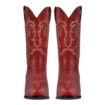 Yolkomo Cowboy Boots for Women Red Distressed Cowgirl Boots Wide Calf Low Heel Embroidered Western Boots Mid-Calf High Pull-On Leather Boots Size 9