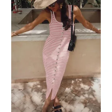 NOLLSOM Women Wedding Guest Dress Casual Sleeveless Striped Sundress Summer Holiday Dresses Vacation(Pink,Large)