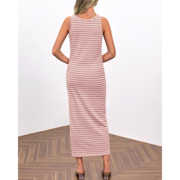 NOLLSOM Women Wedding Guest Dress Casual Sleeveless Striped Sundress Summer Holiday Dresses Vacation(Pink,Large)