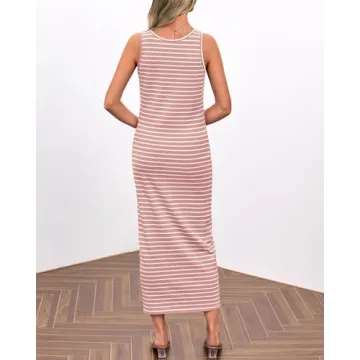 NOLLSOM Women Wedding Guest Dress Casual Sleeveless Striped Sundress Summer Holiday Dresses Vacation(Pink,Large)