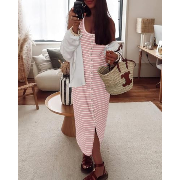 NOLLSOM Women Wedding Guest Dress Casual Sleeveless Striped Sundress Summer Holiday Dresses Vacation(Pink,Large)