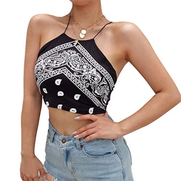 Women Fire Print Cross Bandage Crop Top - Halter Black Tank