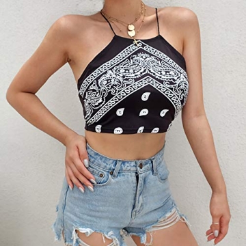 Women Fire Print Cross Bandage Crop Top - Halter Black Tank