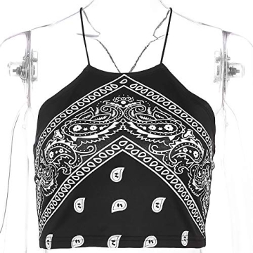 Women Fire Print Cross Bandage Crop Top - Halter Black Tank