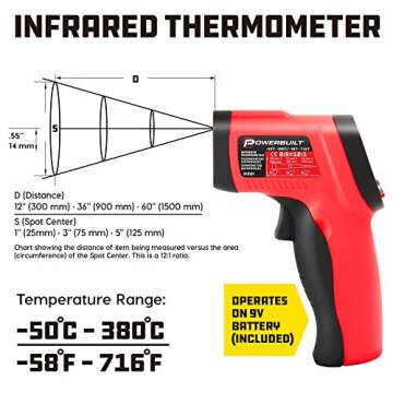 Powerbuilt Infrared Temperature Gun Non-Contact Laser, Handheld Heat Detector for Grill, Engine, Surface, Home or Industrial Temps -58F to 716F Red